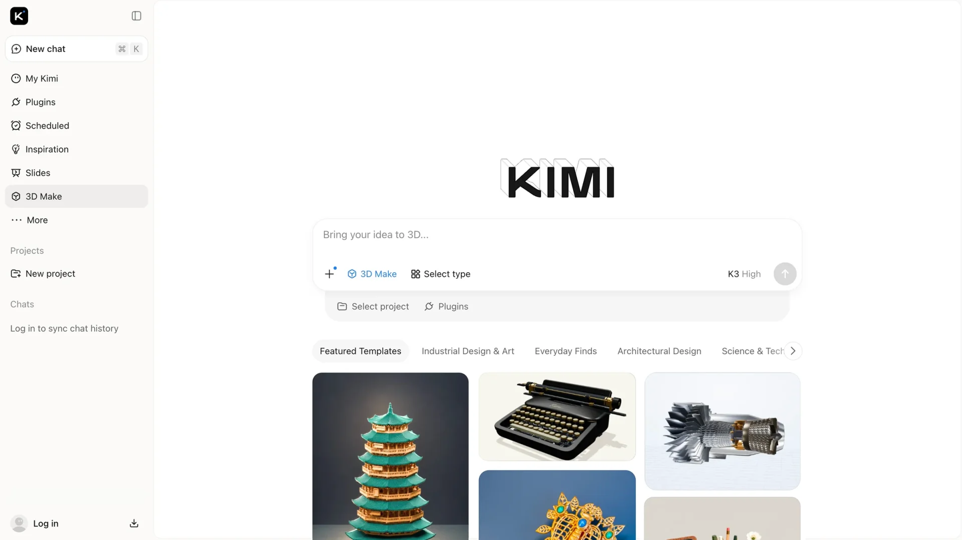 The Kimi 3D Make interface on kimi.com, with a prompt box for turning ideas into 3D models and featured templates including a pagoda, a type