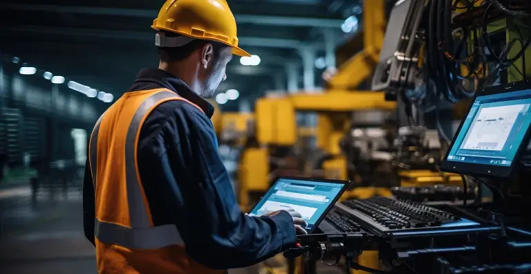 person in factory using tablet